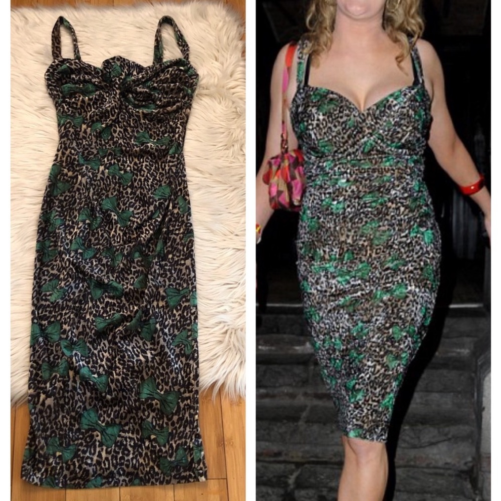 Tatyana Leopard Print Emerald Bow Velvet Bodycon Stretch Midi Dress size XS